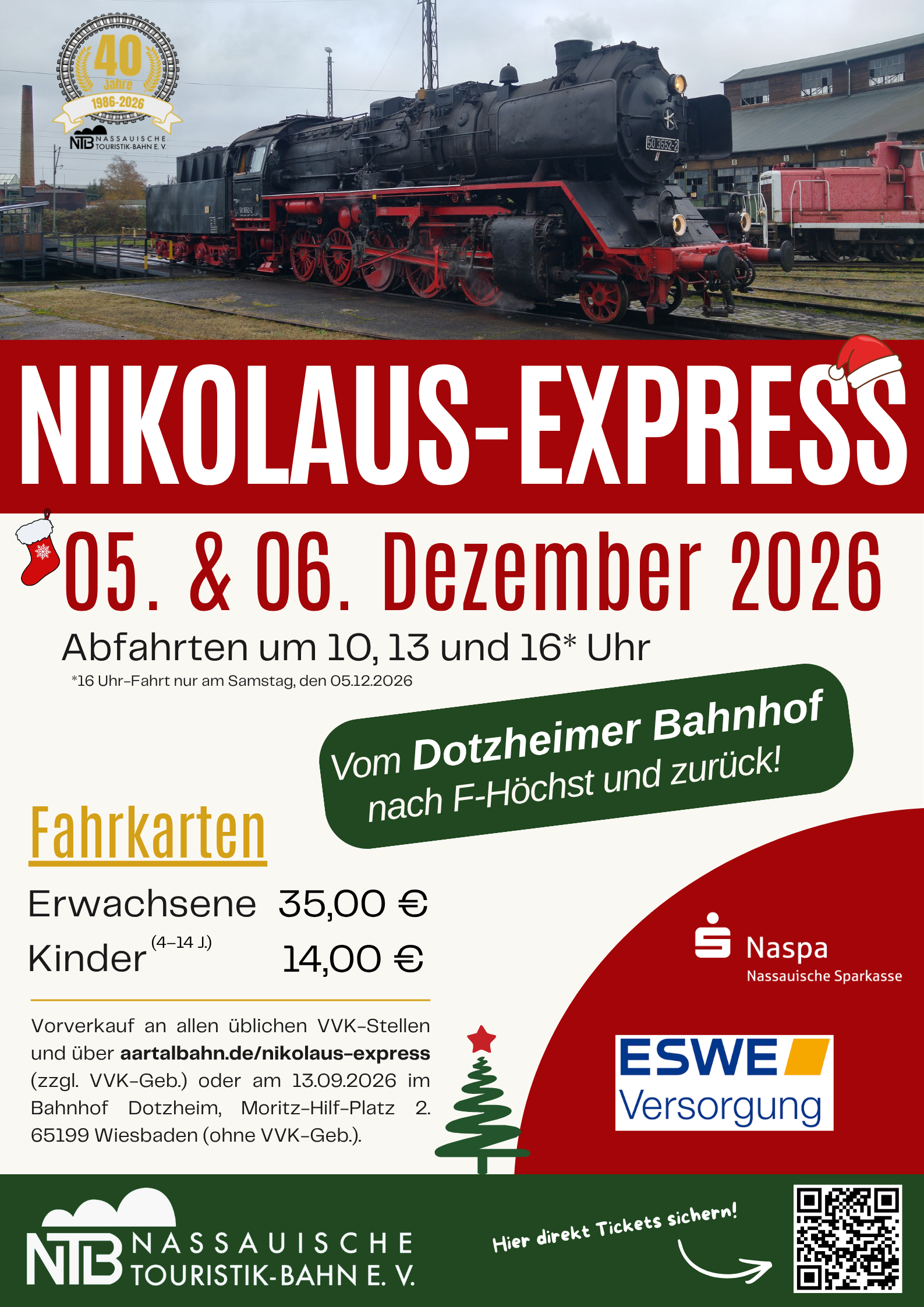 Werbeplakat für Nikolaus-Express mit Abbildung einer Dampflok.