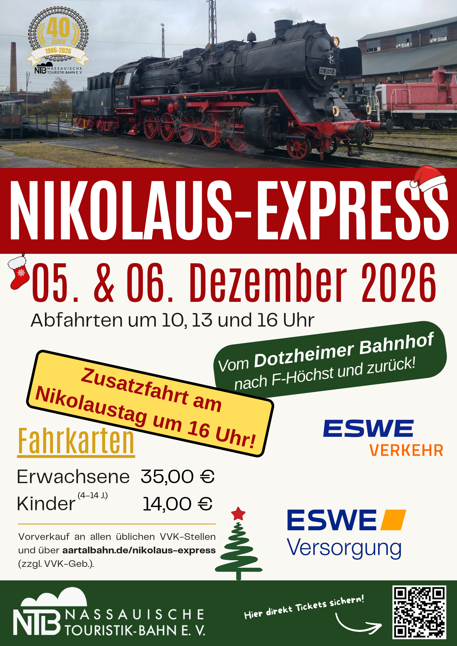 Plakat Nikolaus-Express mit Dampflokbild und Infos zur Fahrt