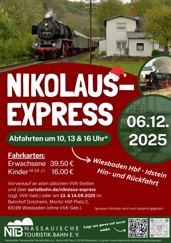 Werbeplakat Nikolaus-Express mit Dampflok auf schöner Nebenbahnstrecke